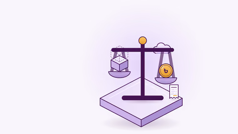 A scale weighs the blocks still to be built against the coin a subscription costs each month, and the two-column receipt waits beside it.