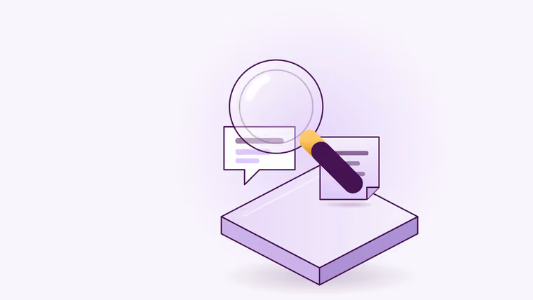 A magnifying glass over a note and a speech bubble on a platform — research, sources and the questions people ask.